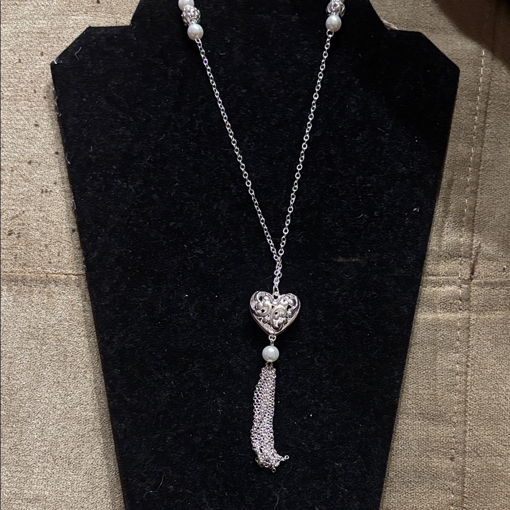 Kim Roders Silver Heart Tassel Pendant Necklace with Pearl Accent